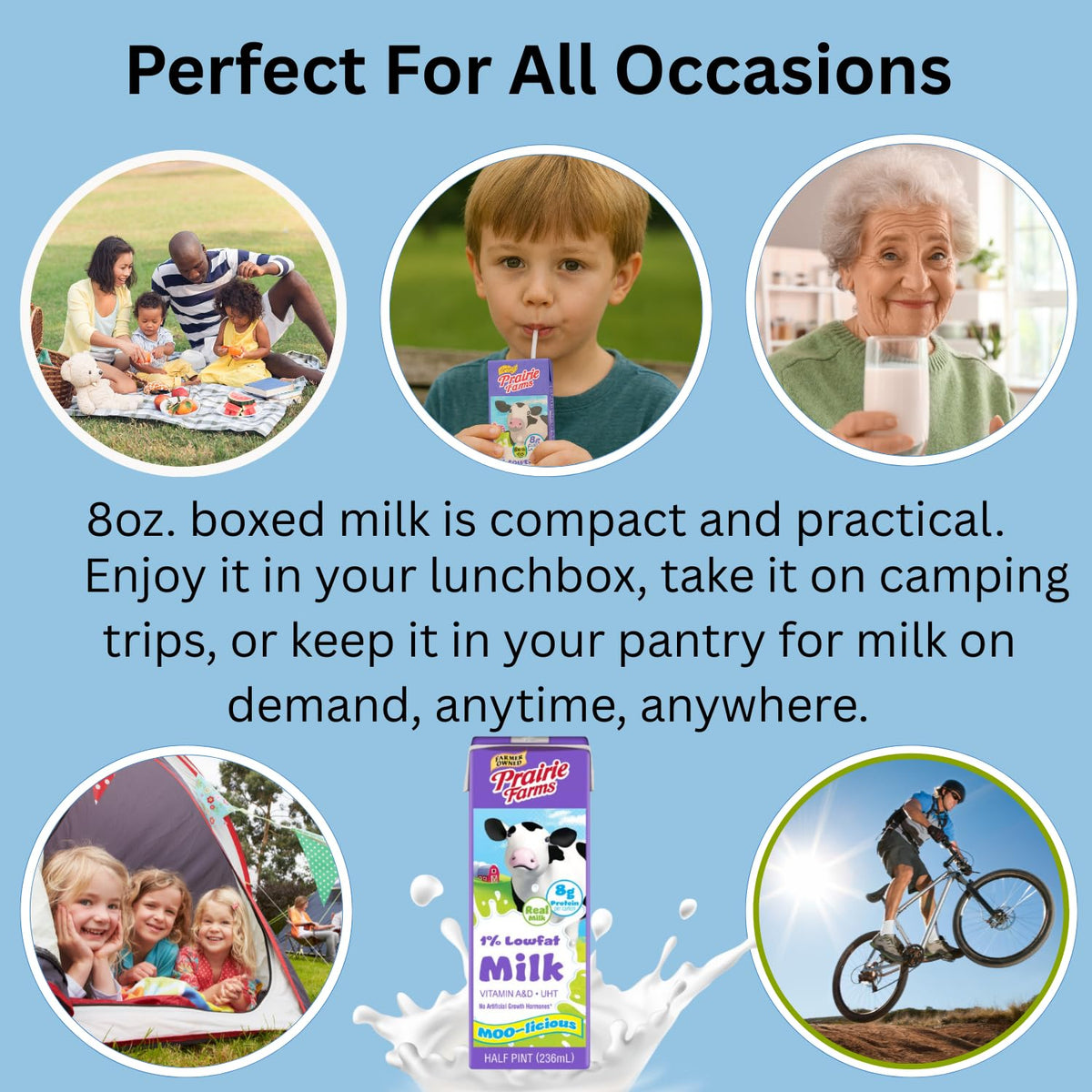Prairie Farms 1% low fat shelf-stable milk carton with Vitamin D, preservative-free, hormone-free, kosher, 8 fl oz, 27-pack