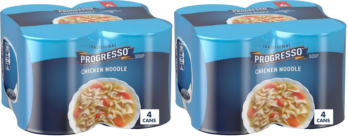 Cans of Progresso Traditional Chicken Noodle Soup, 19 oz, four-pack, featuring label with soup ingredients and branding.