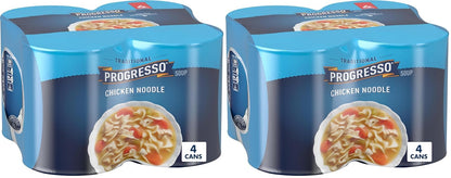 Cans of Progresso Traditional Chicken Noodle Soup, 19 oz, four-pack, featuring label with soup ingredients and branding.