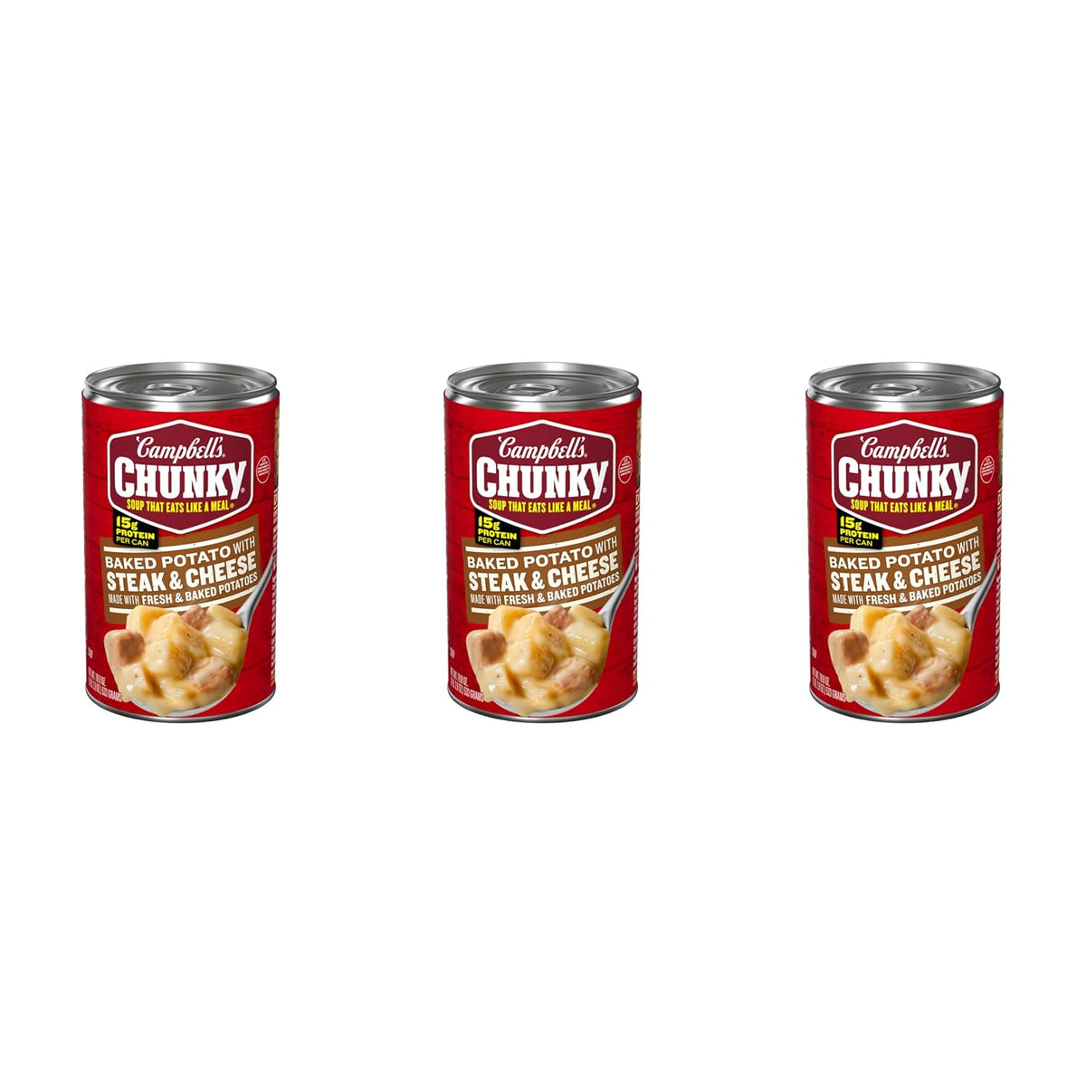 Campbell's Chunky Baked Potato with Steak & Cheese Soup in 18.8 oz bowl, showing creamy soup with steak and cheese chunks.