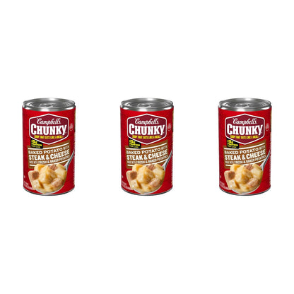 Campbell's Chunky Baked Potato with Steak & Cheese Soup in 18.8 oz bowl, showing creamy soup with steak and cheese chunks.