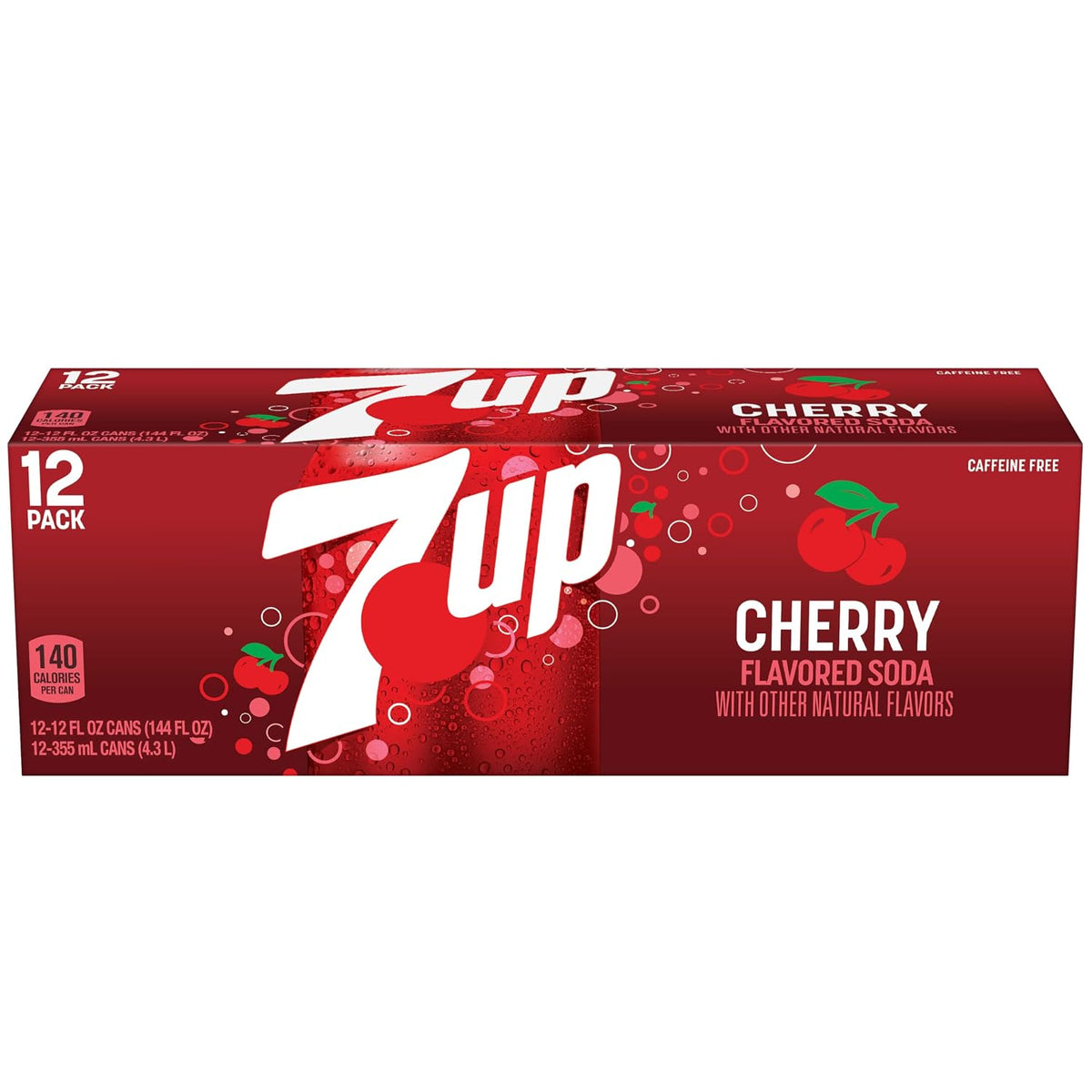 12-pack of Dr Pepper 7UP Cherry flavored soda cans, 12 fl oz each, showing red cherry soda cans with brand logo and vibrant design.
