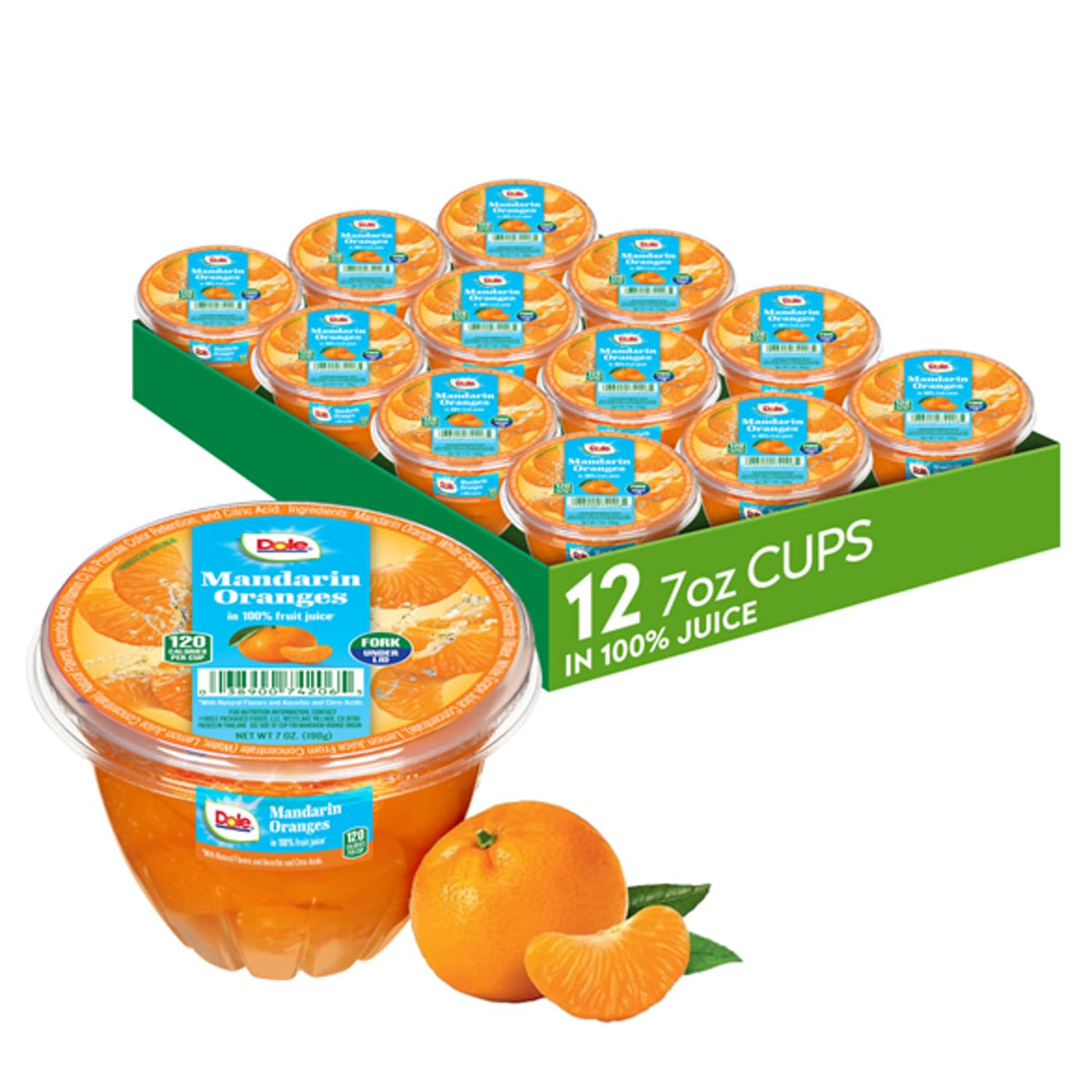 Canned Dole Mandarin Oranges in 4oz cups, ready-to-eat fruit bowls with bright orange slices in syrup, 12-pack.