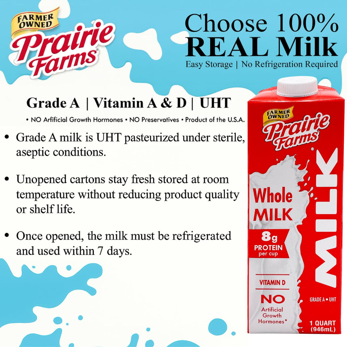 Prairie Farms whole shelf-stable milk box with Vitamin D, preservative-free, gluten-free, 1-quart pack, made in the USA