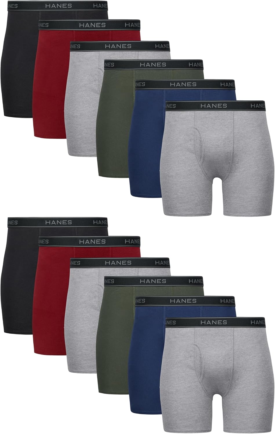 Hanes men's boxer briefs pack featuring cool, breathable cotton moisture-wicking underwear with a no ride-up fit.