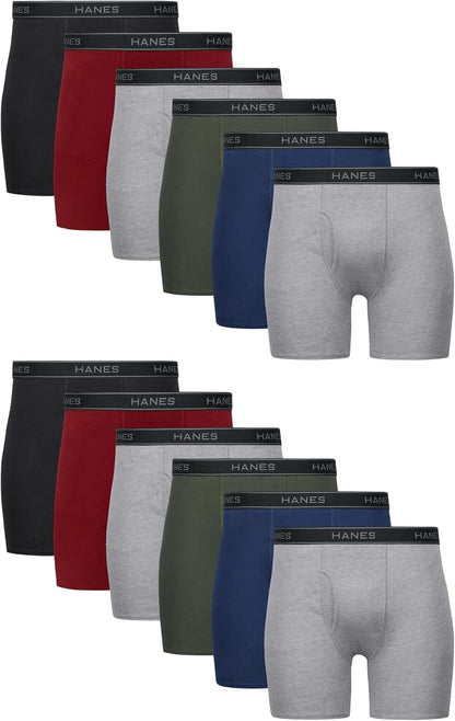 Hanes men's boxer briefs pack featuring cool, breathable cotton moisture-wicking underwear with a no ride-up fit.