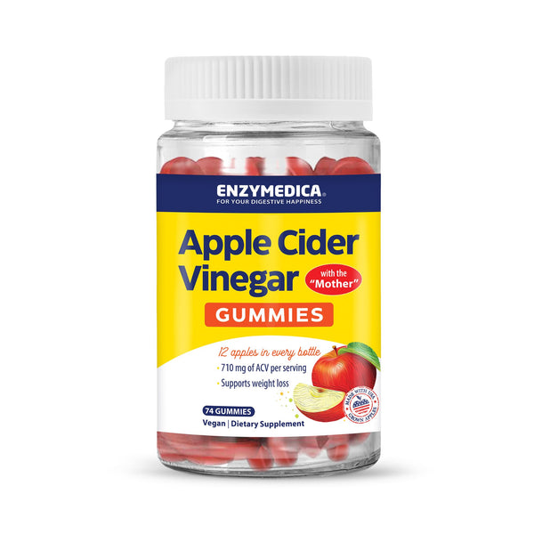 Enzymedica apple cider vinegar gummies with B12 and mother, supporting gut health and digestion, vegan supplement, 74 count.