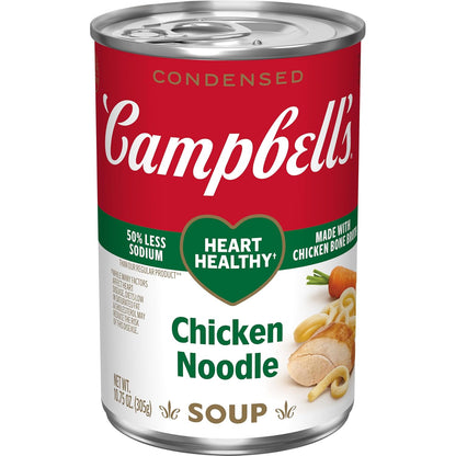 Campbell's Homestyle Chicken Noodle Soup in 10.5 oz cans, pack of 12, featuring creamy chicken broth with noodles and vegetables