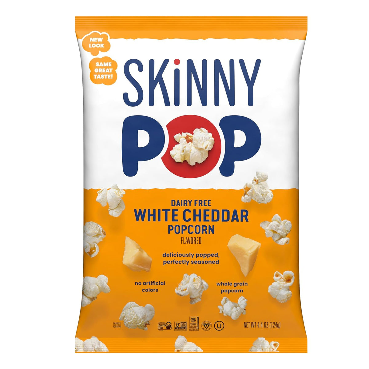 BackupMyFilesNow SkinnyPop White Cheddar gluten-free popcorn in an 8 oz bag, whole grain snack with cheesy flavor.