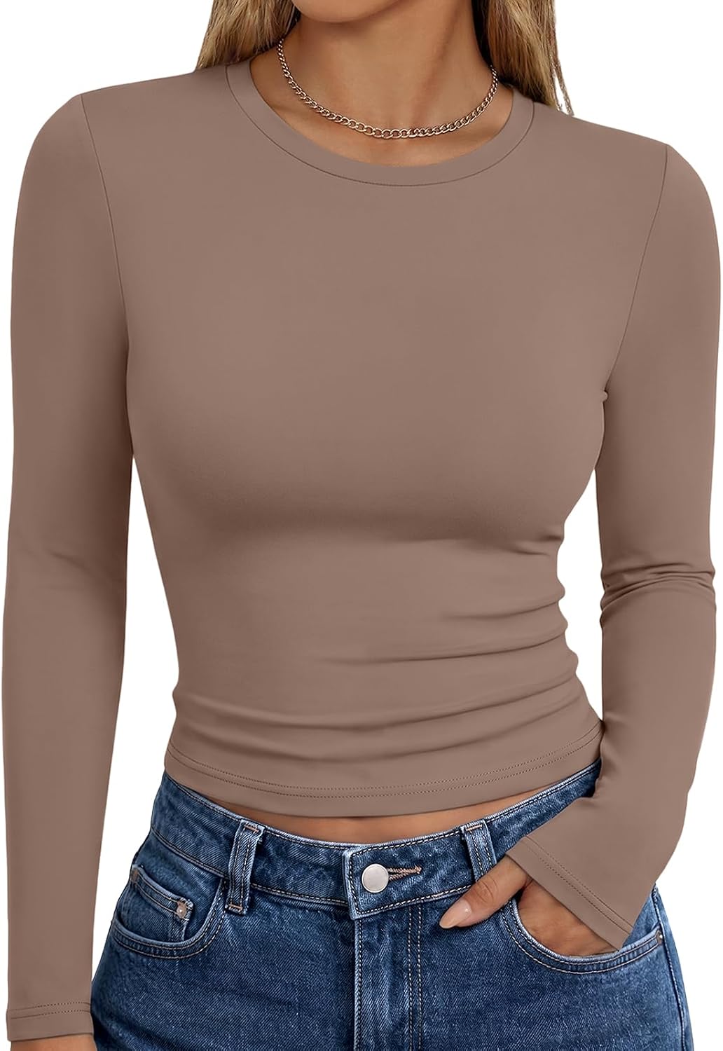 Trendy Queen women's long sleeve T-shirt in fall fashion, basic Y2K style, featuring a casual, comfortable fit and trendy design.