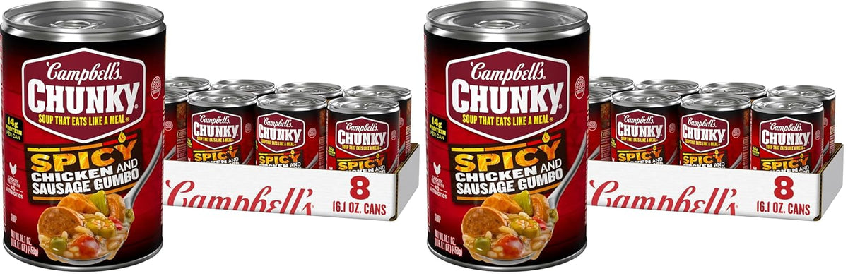 Campbell’s Chunky Creamy Chicken and Dumplings Soup in an 18.8 oz can with visible chunks of chicken and dumplings