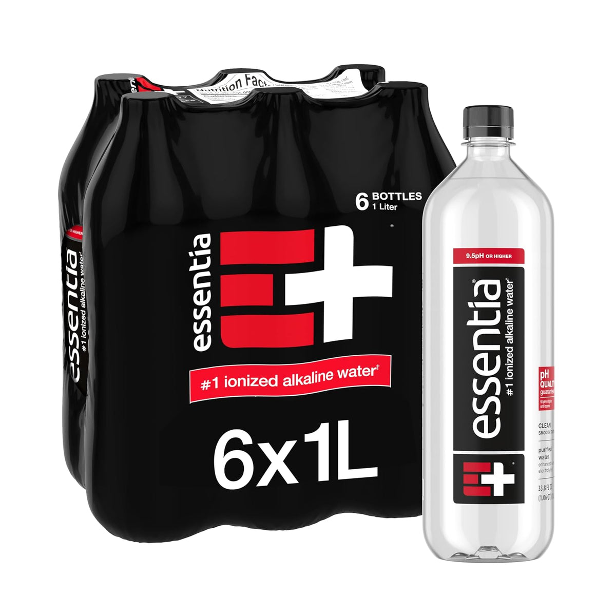 Bottle of Essentia Ionized Alkaline Water with 9.5+ pH, 24-pack of 20oz bottles, clear water in transparent bottles