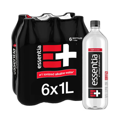 Essentia Water ionized alkaline water 6-pack bottles, 33.8 fl oz each, with clear labels and blue caps on a white background.
