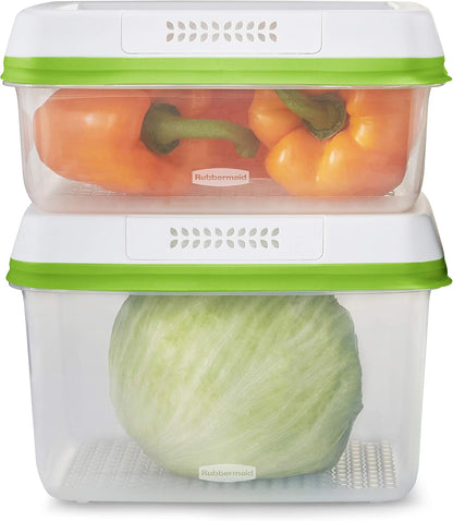Rubbermaid FreshWorks large produce storage containers set with four clear plastic containers for fresh fruit and vegetable storage.