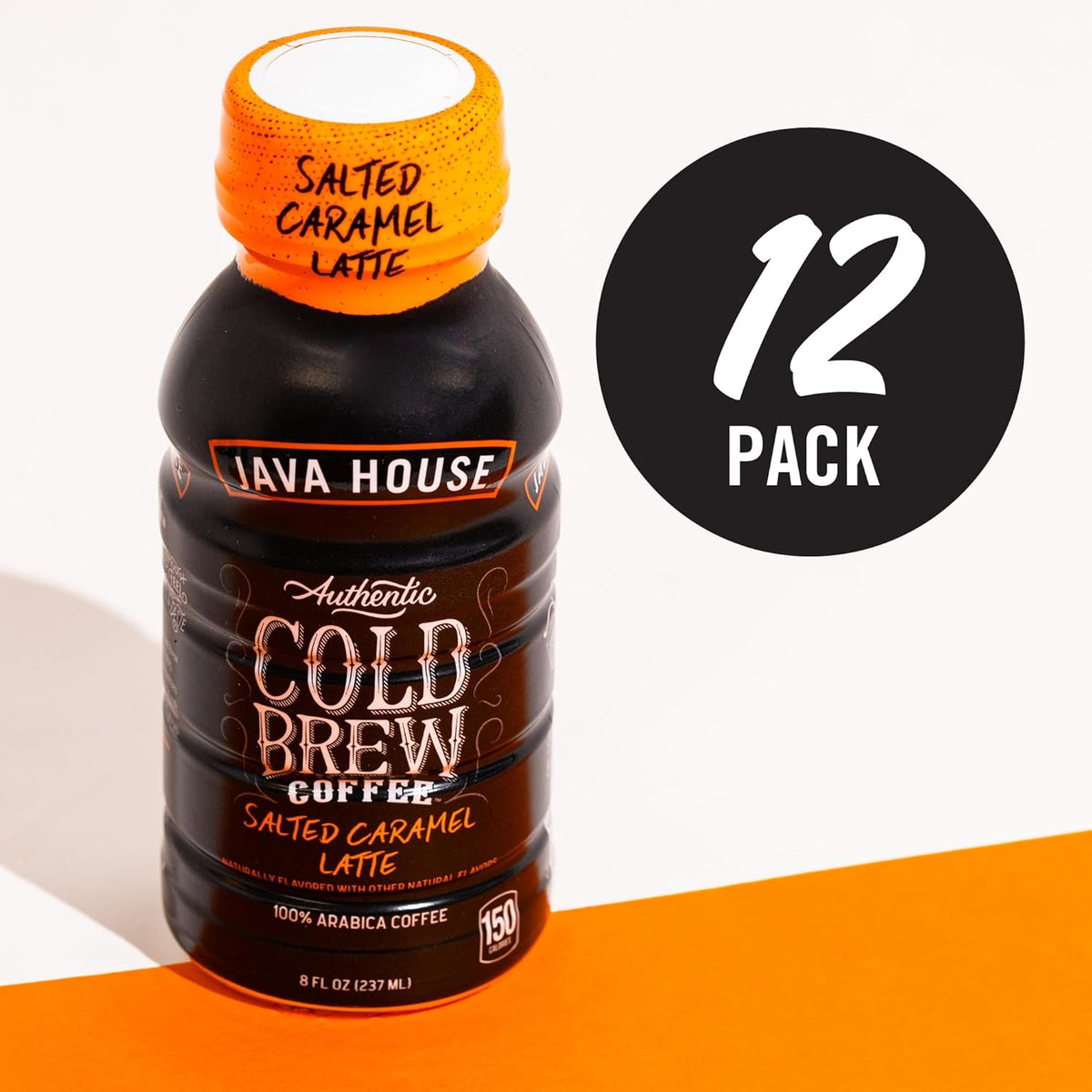 Java House Cold Brew 8oz bottles with salted caramel latte flavor, pack of 12, chilled coffee beverage in glass bottles