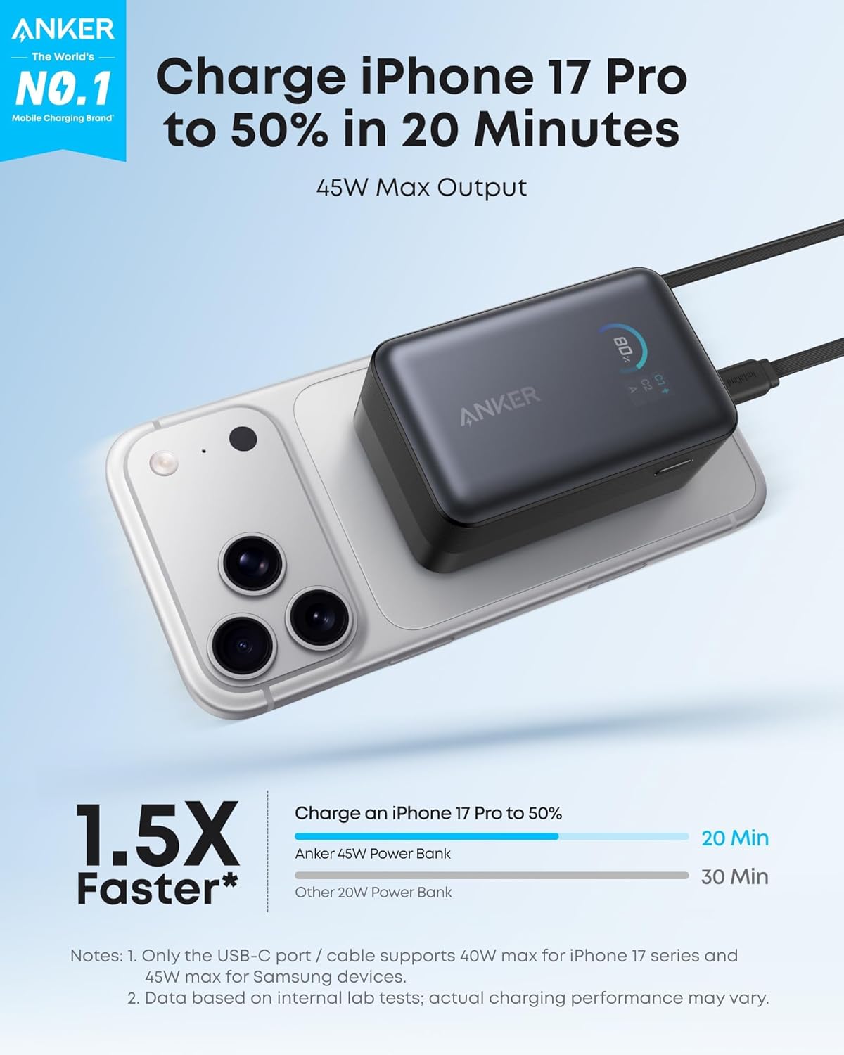 Anker Nano Power Bank with 10,000mAh capacity, 45W charging, and built-in retractable USB-C cable for portable charging.