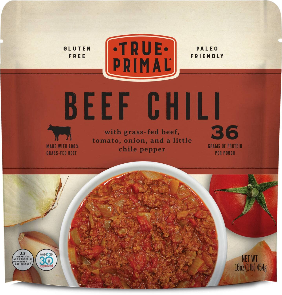 True Primal gluten-free beef chili pack with grass-fed beef, ready to eat, paleo, Whole30, keto-friendly, no beans, packaged chili.