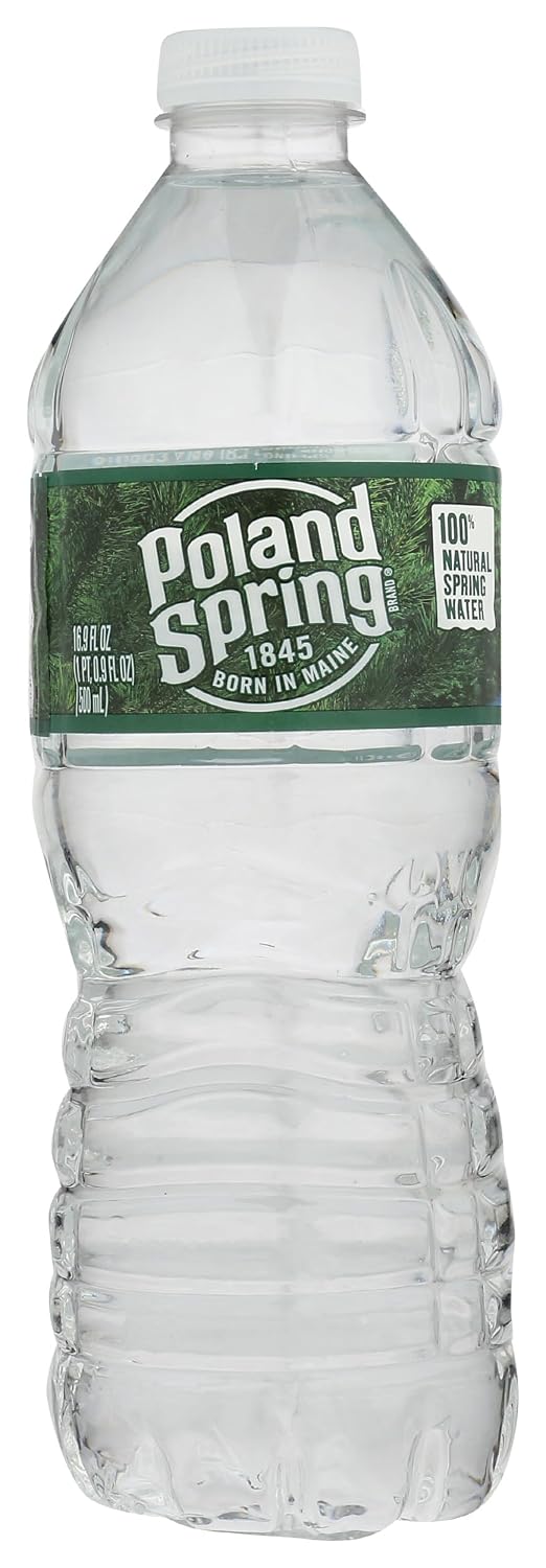 Poland Spring half pint natural spring water bottles in a 12-pack, showing clear bottles filled with pure spring water.