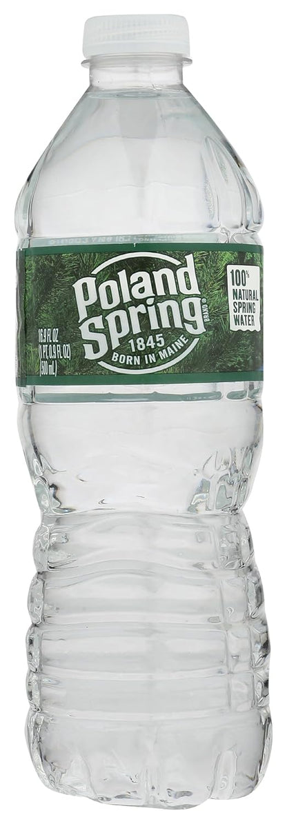 Poland Spring half pint natural spring water bottles in a 12-pack, showing clear bottles filled with pure spring water.