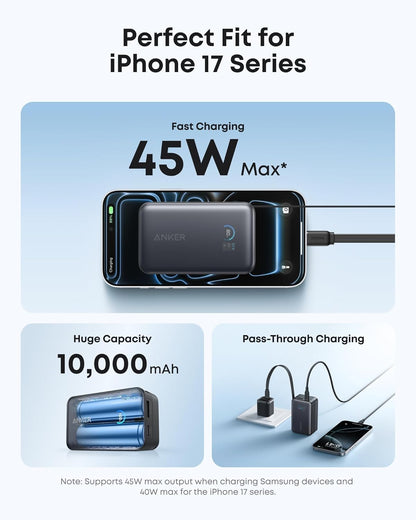 Anker Nano Power Bank 10K with built-in retractable USB-C cable, compact 45W portable charger for smartphones and devices.