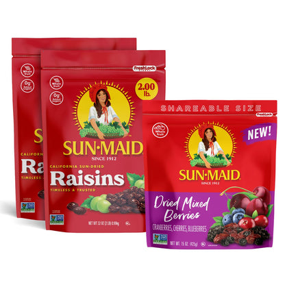 Sun-Maid dried fruit bundle with California sun-dried raisins and mixed berries in resealable bags.