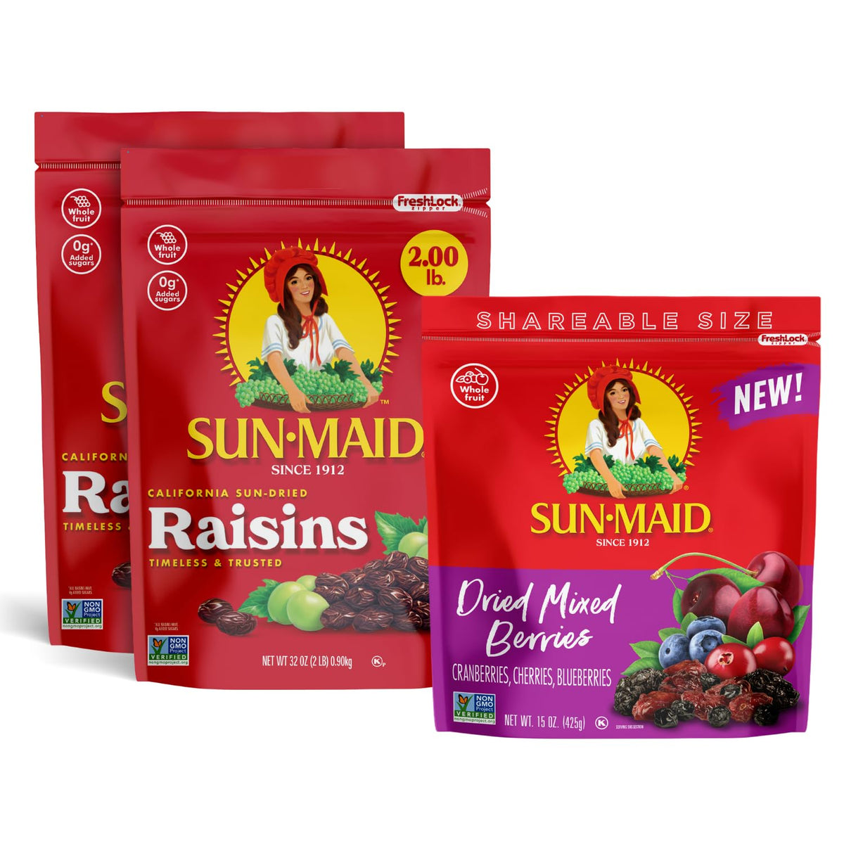 Six snack-sized boxes of Sun-Maid California Sun-Dried Raisins in fruit gift basket packaging, showing raisins inside.