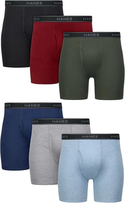 Hanes men's boxer briefs pack with cool, breathable cotton fabric and moisture-wicking design, no ride-up for comfort.