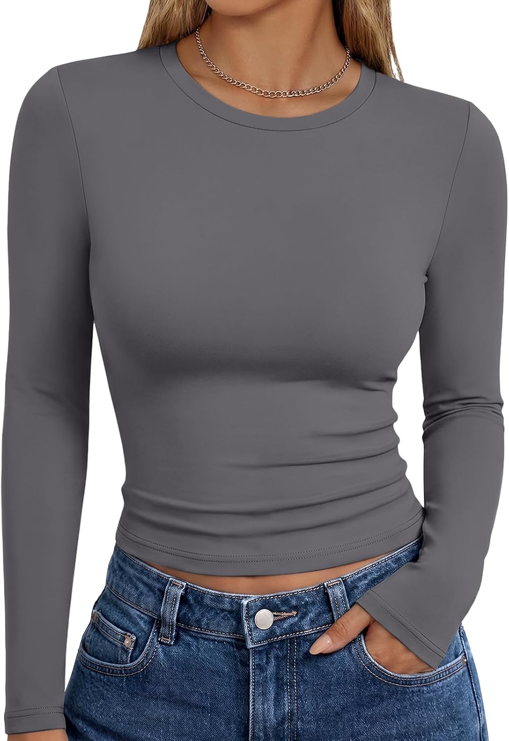 Trendy Queen women's long sleeve T-shirt with fall fashion Y2K style, basic casual top featuring a comfortable fit.