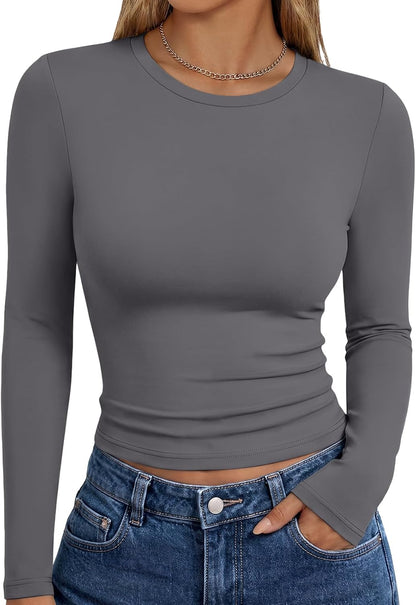 Trendy Queen women's long sleeve T-shirt with fall fashion Y2K style, basic casual top featuring a comfortable fit.