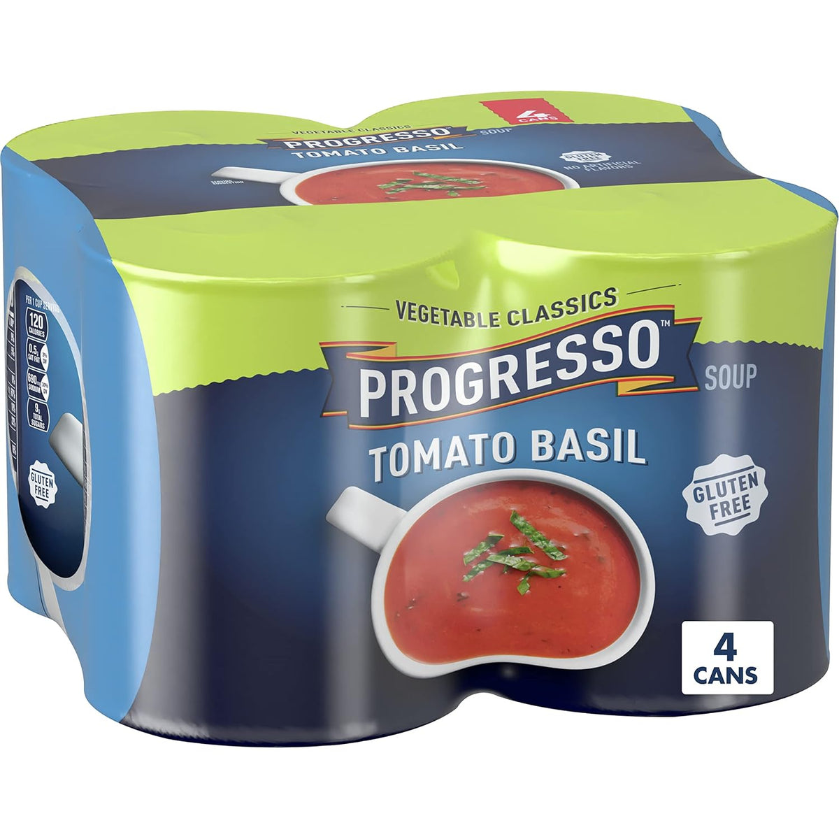 Cans of Progresso Traditional Chicken Noodle Soup, 19 oz, four-pack, featuring labels and lid details on the canned soup.