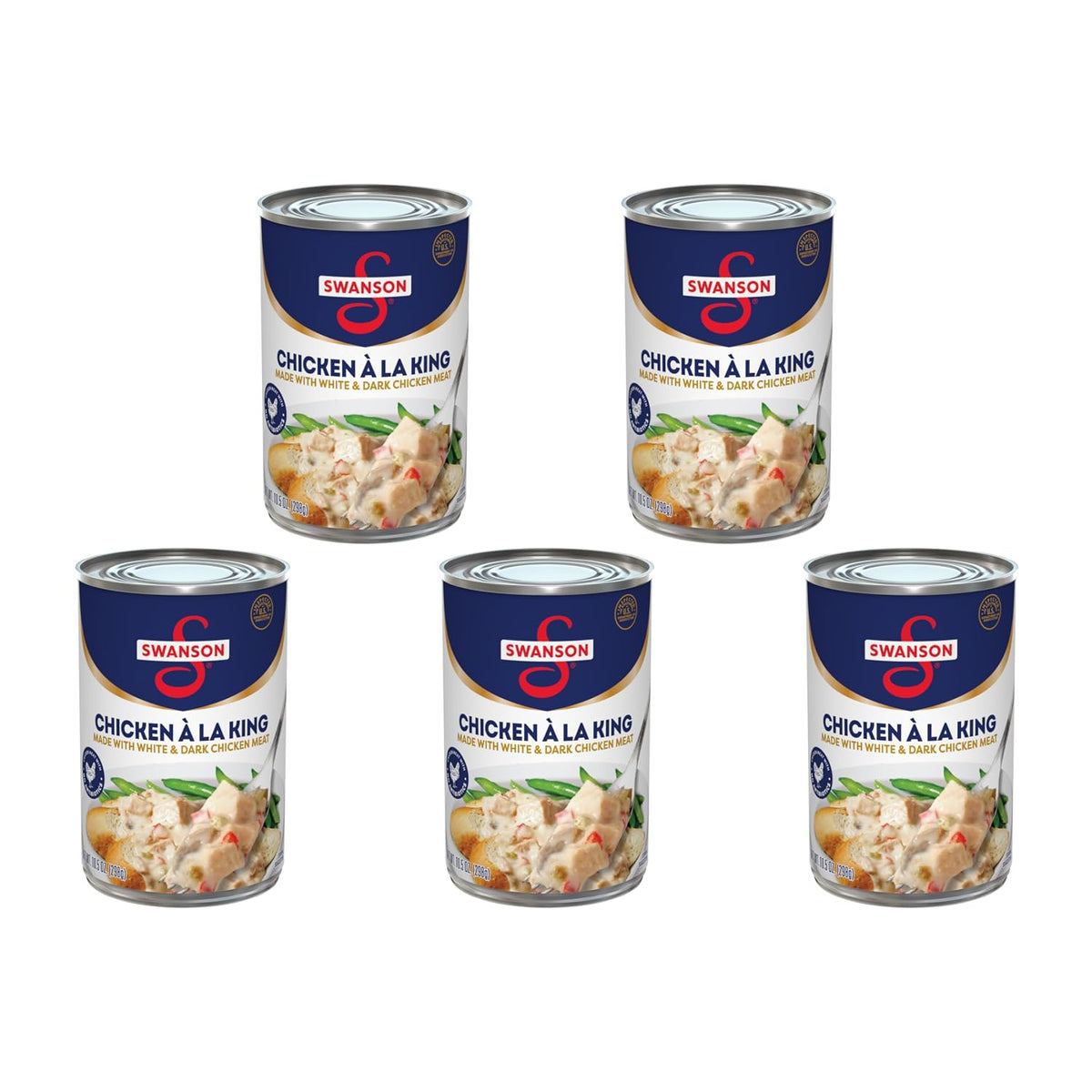 Swanson White Premium Chunk Canned Chicken in Water, 4 cans of 2.4 oz each, with labels showing chicken chunks in water