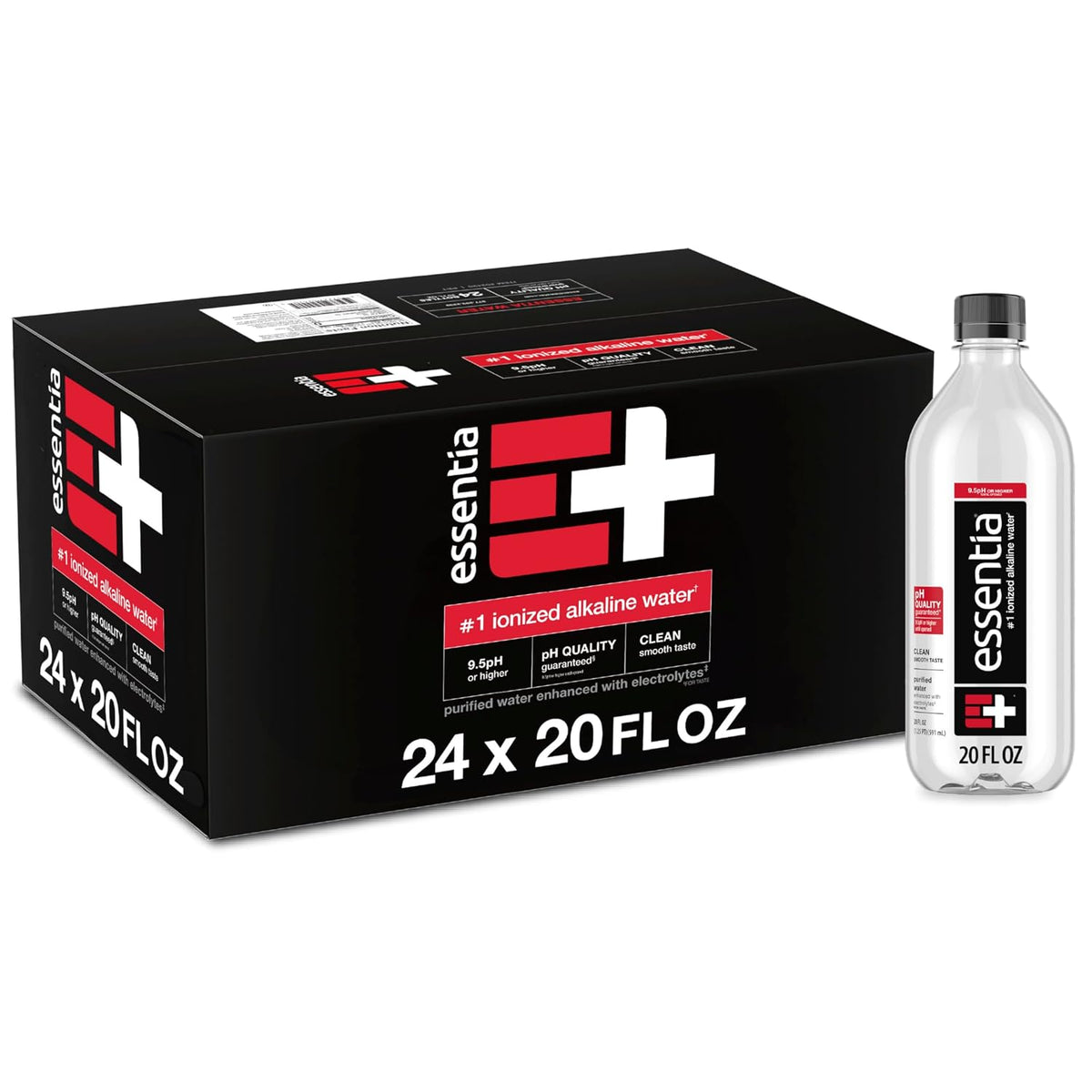 Essentia Ionized Alkaline Water bottle, 20oz, with 9.5+ pH, clear liquid inside, 24-pack, in a plastic bottle.