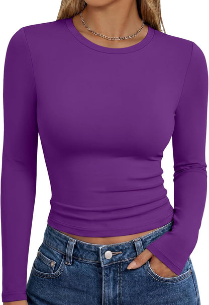 Trendy Queen women's long sleeve T-shirt with fall fashion Y2K style, basic casual top in a versatile design.