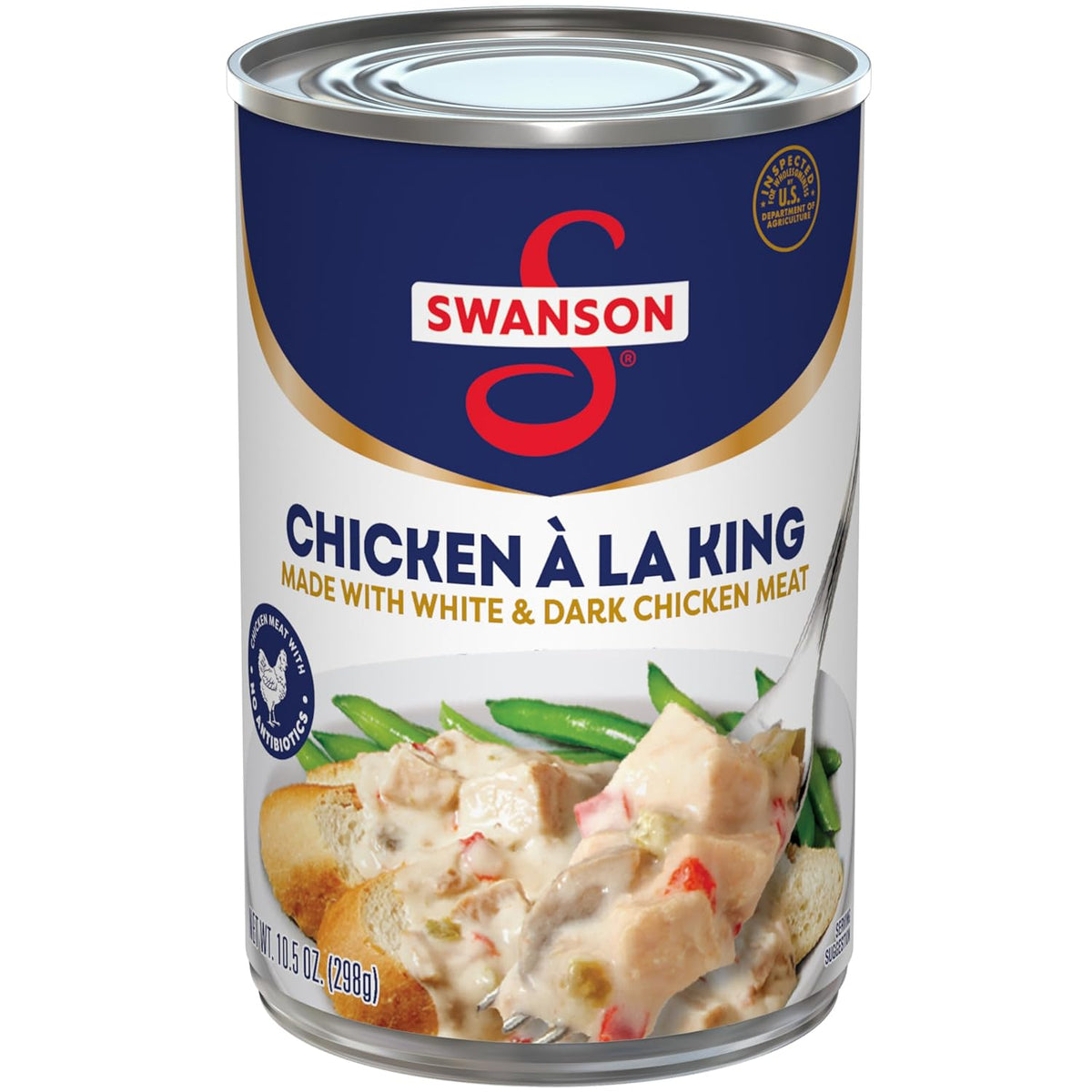 Cans of Swanson White Premium Chunk Canned Chicken in Water, 4-pack, 2.4 oz each, with label showing product details.
