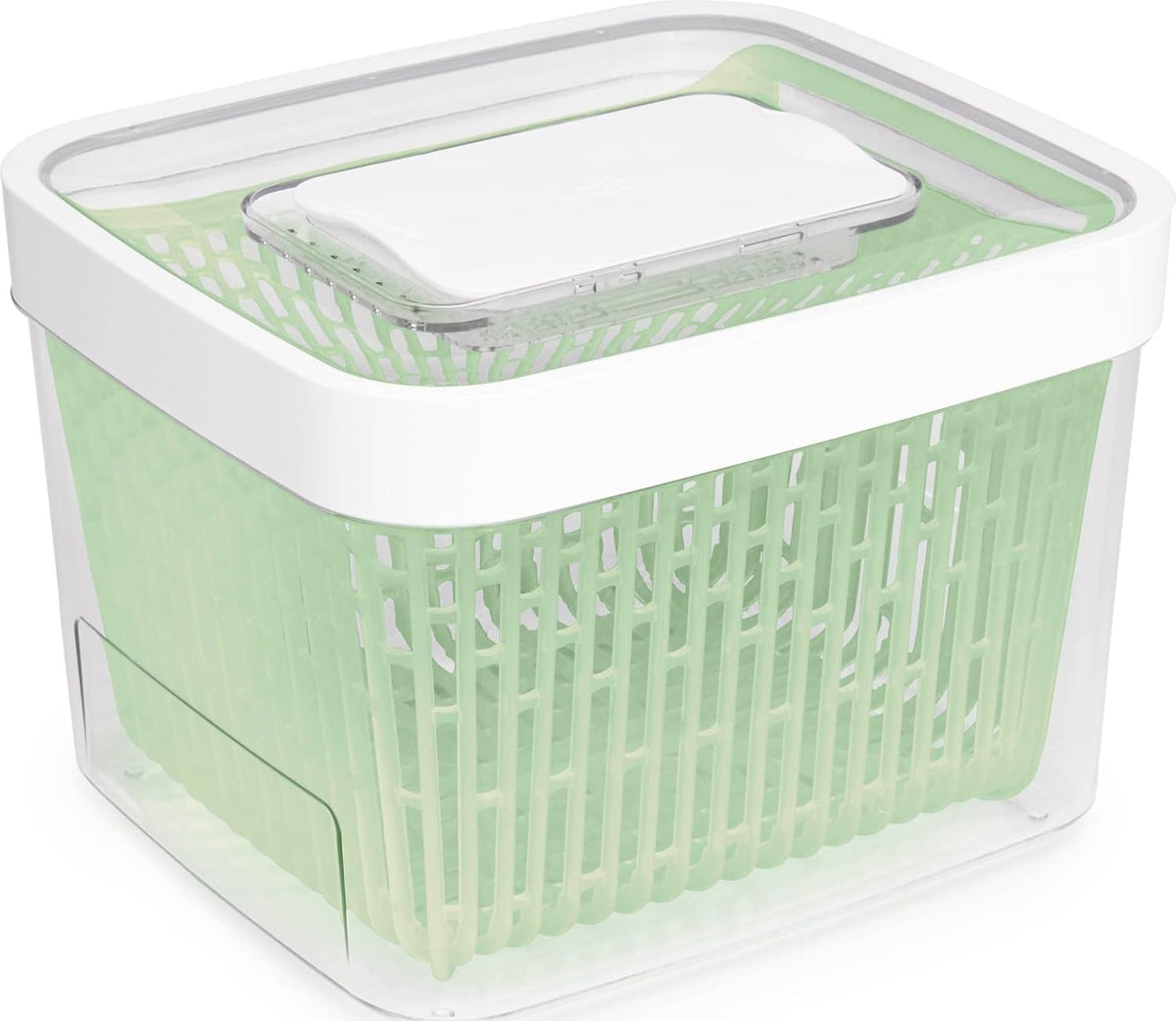 Large white OXO Good Grips GreenSaver produce storage container for fresh fruits and vegetables.