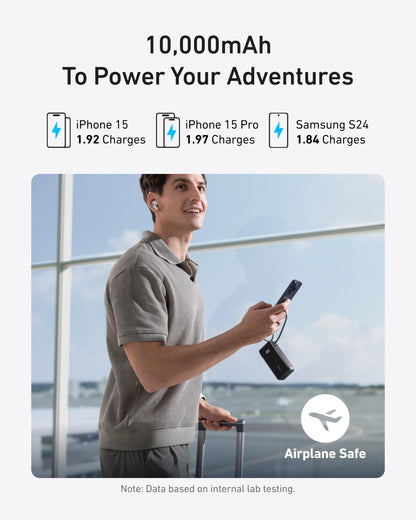 Anker Power Bank 10K Fusion with built-in cable, compact portable charger with LED indicator and sleek design.