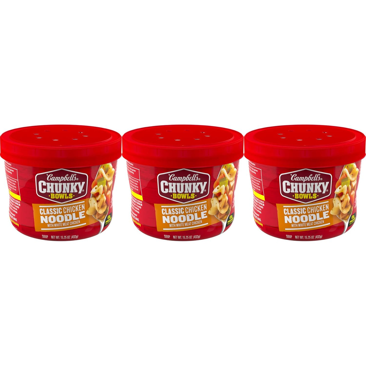 Campbell’s Chunky Chicken Broccoli Cheese Soup in an 18.8 oz can showing the soup with chicken, broccoli, and cheese in a bowl