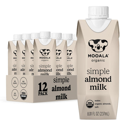 Mooala Organic Simple Almondmilk single serve carton, unsweetened dairy-free almond milk, 12-pack with 3 ingredients, on the go.