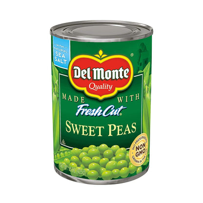 Canned Del Monte sweet peas in a 15-ounce can, shown in a pack of four, with bright green peas visible inside the label.