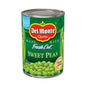 Canned Del Monte sweet peas in a 15-ounce can, shown in a pack of four, with bright green peas visible inside the label.