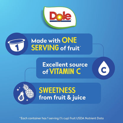 Canned Dole pineapple tidbits and tropical fruit in 4 oz bowls, arranged in a 12-pack display.