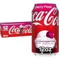 Coca-Cola Cherry soda cans, 12 fl oz, 12-pack, featuring red cans with cherry and Coca-Cola branding on a white background.