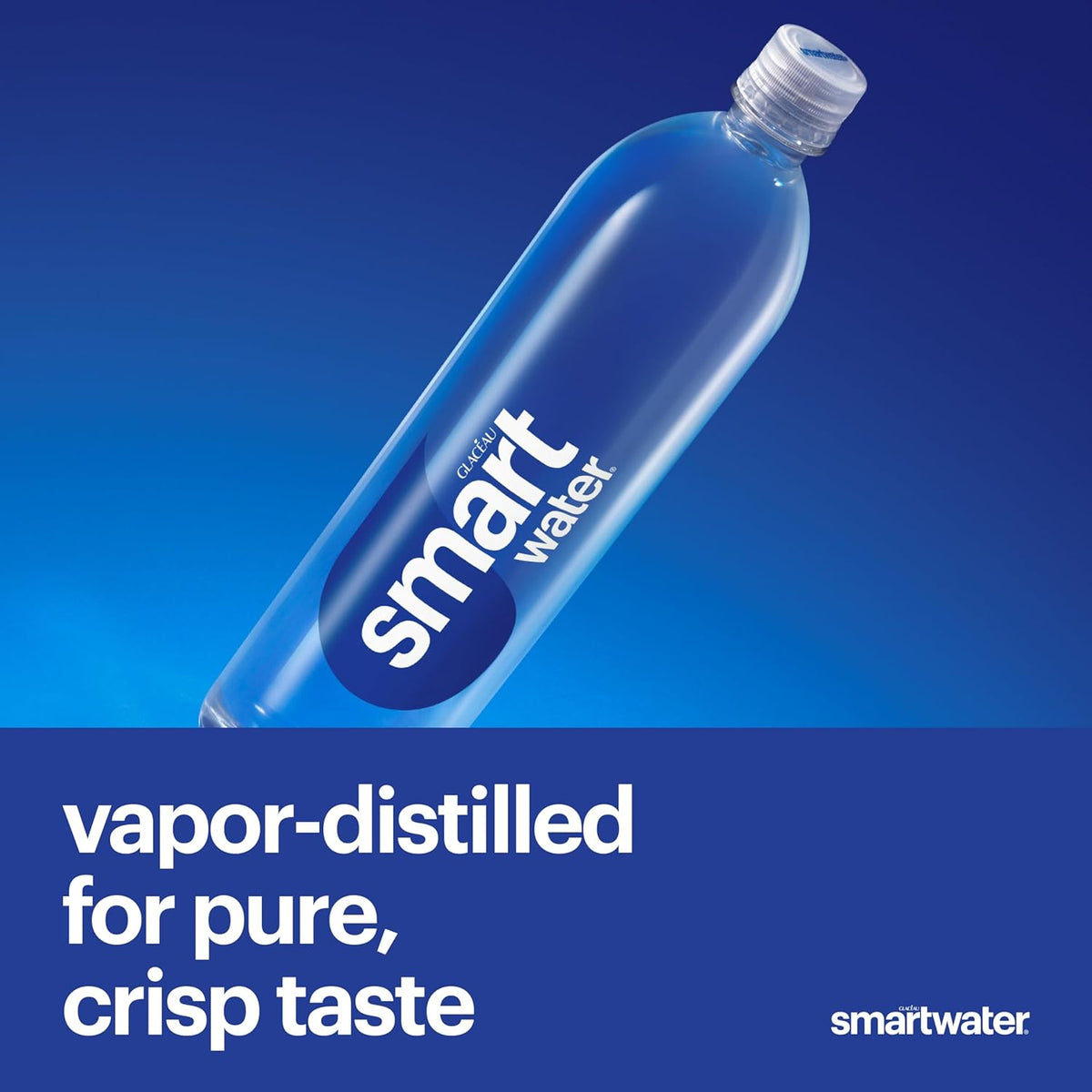 Six BACKUPMYFILESNOW® smartwater vapor distilled water bottles, 16.9 fl oz each, in a clear plastic bottle with blue label.