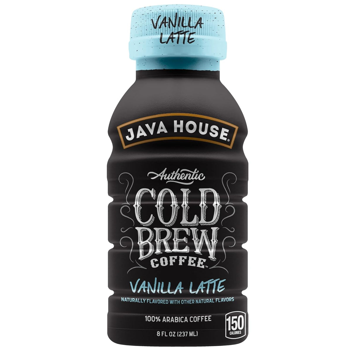Java House Cold Brew 8oz bottles with French Vanilla Latte flavor, showing iced coffee drinks in clear bottles with vanilla flavoring