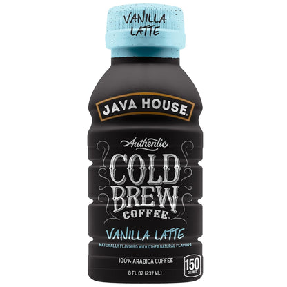 Java House Cold Brew 8oz bottles with French Vanilla Latte flavor, showing iced coffee drinks in clear bottles with vanilla flavoring