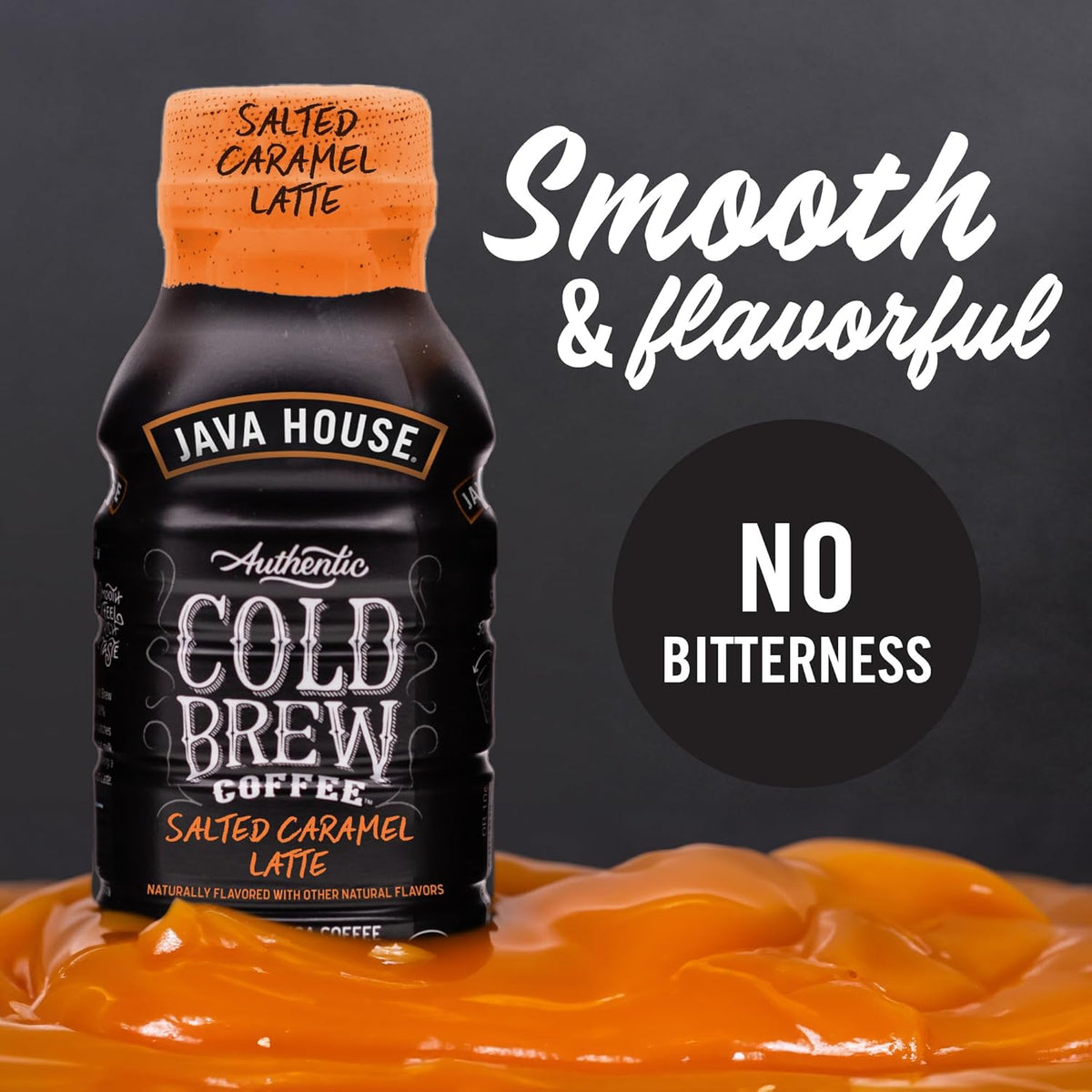 Pack of 12 Java House Cold Brew 8oz bottles with salted caramel latte flavor, featuring sleek bottles with caramel-colored liquid.