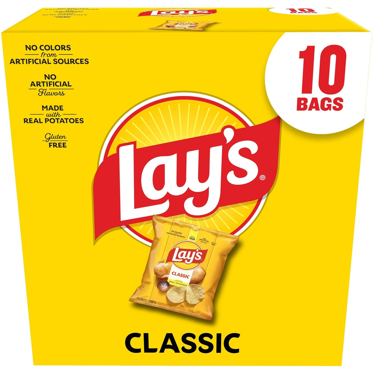 Lay's Classic potato chips in a 10-pack, crispy snack bags with thin, golden potato chips shown in a colorful package.