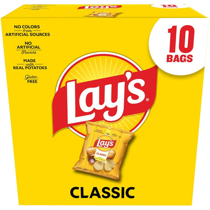 Lay's Classic potato chips in a 10-pack, crispy snack bags with thin, golden potato chips shown in a colorful package.
