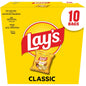 Lay's Classic potato chips in a 10-pack, crispy snack bags with thin, golden potato chips shown in a colorful package.