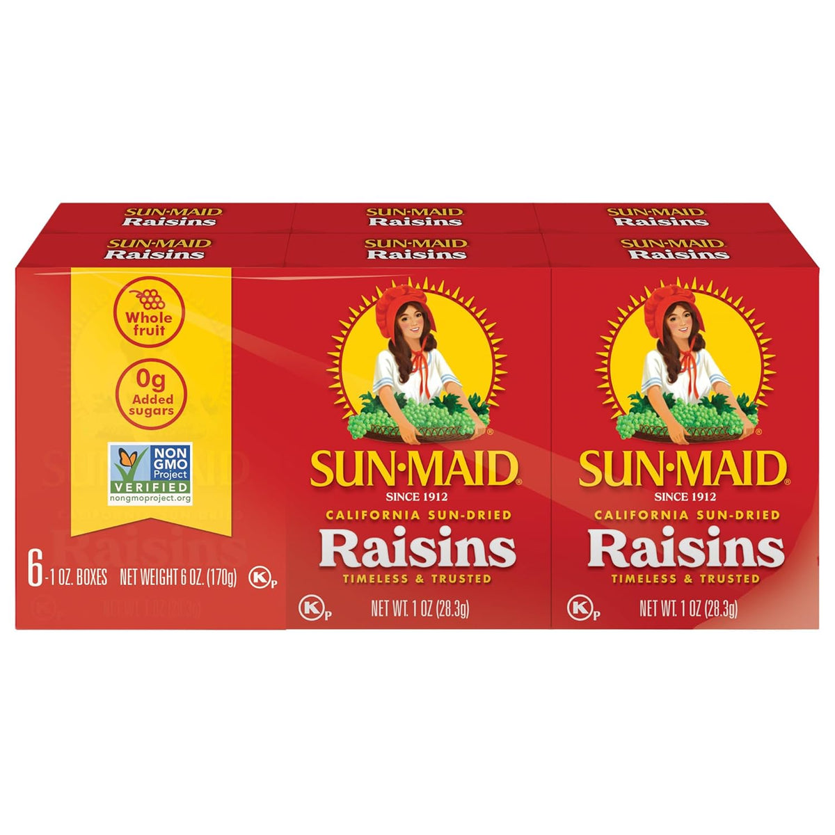 Sun-Maid dried fruit bundle with California Sun-Dried Raisins 32 oz and mixed berries 15 oz in resealable bags on a white background.